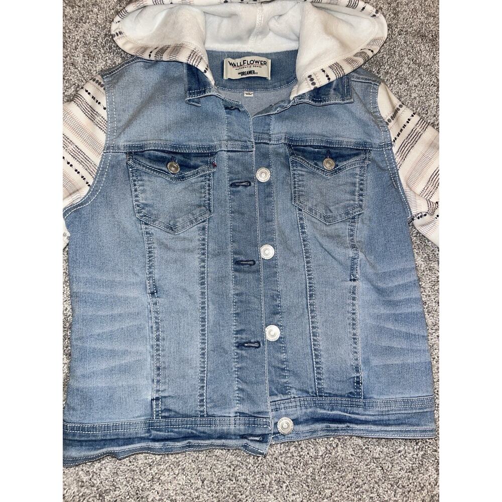 WALLFLOWER Button Down Long‎ Sleeve Blue Hooded Denim Jean Jacket Women's Size M - Picture 8 of 11